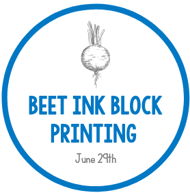 Beet ink block printing logo with event date, June 29th.