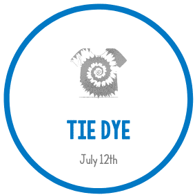 Tie dye graphic with event date, July 12th, in blue circle.
