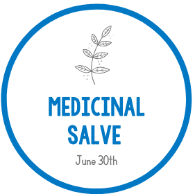 Circular label for medicinal salve, featuring a plant illustration.