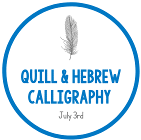 Quill and Hebrew Calligraphy workshop logo with feather graphic.