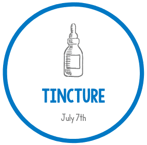 Labeled tincture bottle illustration with a blue border and date July 7th.