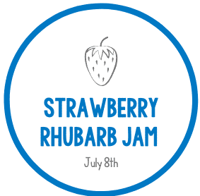 Strawberry Rhubarb Jam graphic with July 8th date inside a blue circle.
