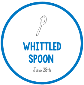 Whittled spoon logo with June 28th text, enclosed in a blue circle.