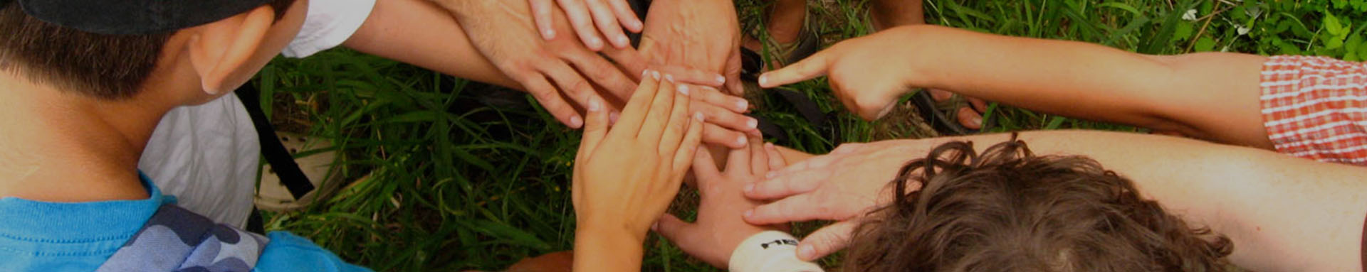 A group of diverse hands coming together in unity on grass.